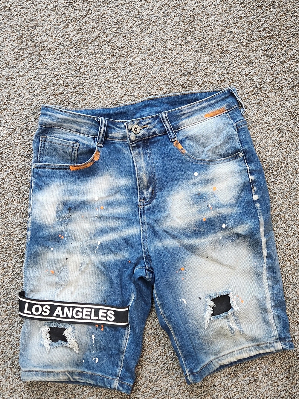 SHEIN Distressed Blue Denim Jean Shorts with Paint Splatter